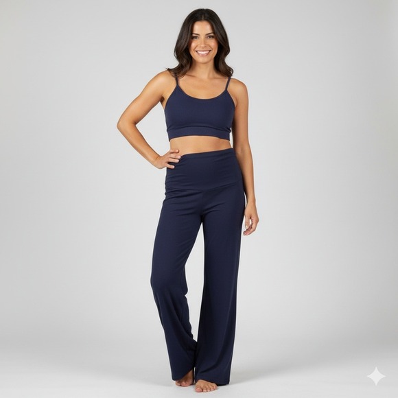 Navy Blue Lounge Yoga Pants Medium M Comfy Wide Leg High Waist Foldover - Picture 1 of 5